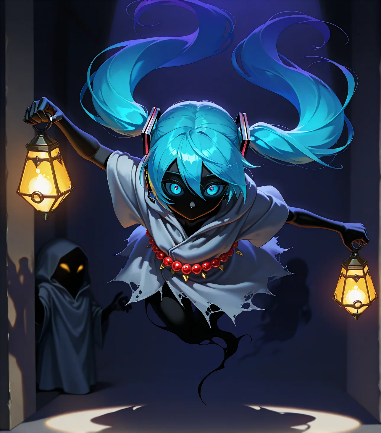 [STYLE & QUALITY::-1]
digital artwork, masterpiece, best quality, high res, very aesthetic, absurdres, artistic, dynamic perspective, amazing quality, vibrant colors, high resolution, absurdres, newest, <lora:Poe_Ocarina_of_Time_-000021:1>
[SUBJECT::-1]
LOZ_Poe, solo, lone figure, (Meg_\(Poe\),:0.8), Hatsune Miku, Blue hair, long hair, twintails, pointed nose, Poe, ghost, spirit, glowing eyes, black skin, floating, blue eyes, (legless:1.4), big head, giant head, (skeletal hand:0.7), featureless face, (wide head:1.3), dwarf, stunted proportions, shadowed, ghostly figure, completely black skin, vantablack skin, pure black skin, eyed silhouette, (no_legs:1.4), shadow skin, narrowed eyes, blue sclera, colored sclera, blank eyes
[ACTIONS & POSE::-1]
[CLOTHES::-1]
tattered robes, long robes, gray robes, cyber robes, face obscured by shadow, creepy, tattered clothes, beads
holding lantern, lantern, holding, cybernetic lantern, electronic lantern
[BACKGROUND::-1]
stage, spotlight