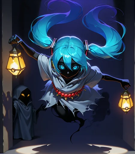 [STYLE & QUALITY::-1]
digital artwork, masterpiece, best quality, high res, very aesthetic, absurdres, artistic, dynamic perspective, amazing quality, vibrant colors, high resolution, absurdres, newest, <lora:Poe_Ocarina_of_Time_-000021:1>
[SUBJECT::-1]
LOZ_Poe, solo, lone figure, (Meg_\(Poe\),:0.8), Hatsune Miku, Blue hair, long hair, twintails, pointed nose, Poe, ghost, spirit, glowing eyes, black skin, floating, blue eyes, (legless:1.4), big head, giant head, (skeletal hand:0.7), featureless face, (wide head:1.3), dwarf, stunted proportions, shadowed, ghostly figure, completely black skin, vantablack skin, pure black skin, eyed silhouette, (no_legs:1.4), shadow skin, narrowed eyes, blue sclera, colored sclera, blank eyes
[ACTIONS & POSE::-1]
[CLOTHES::-1]
tattered robes, long robes, gray robes, cyber robes, face obscured by shadow, creepy, tattered clothes, beads
holding lantern, lantern, holding, cybernetic lantern, electronic lantern
[BACKGROUND::-1]
stage, spotlight