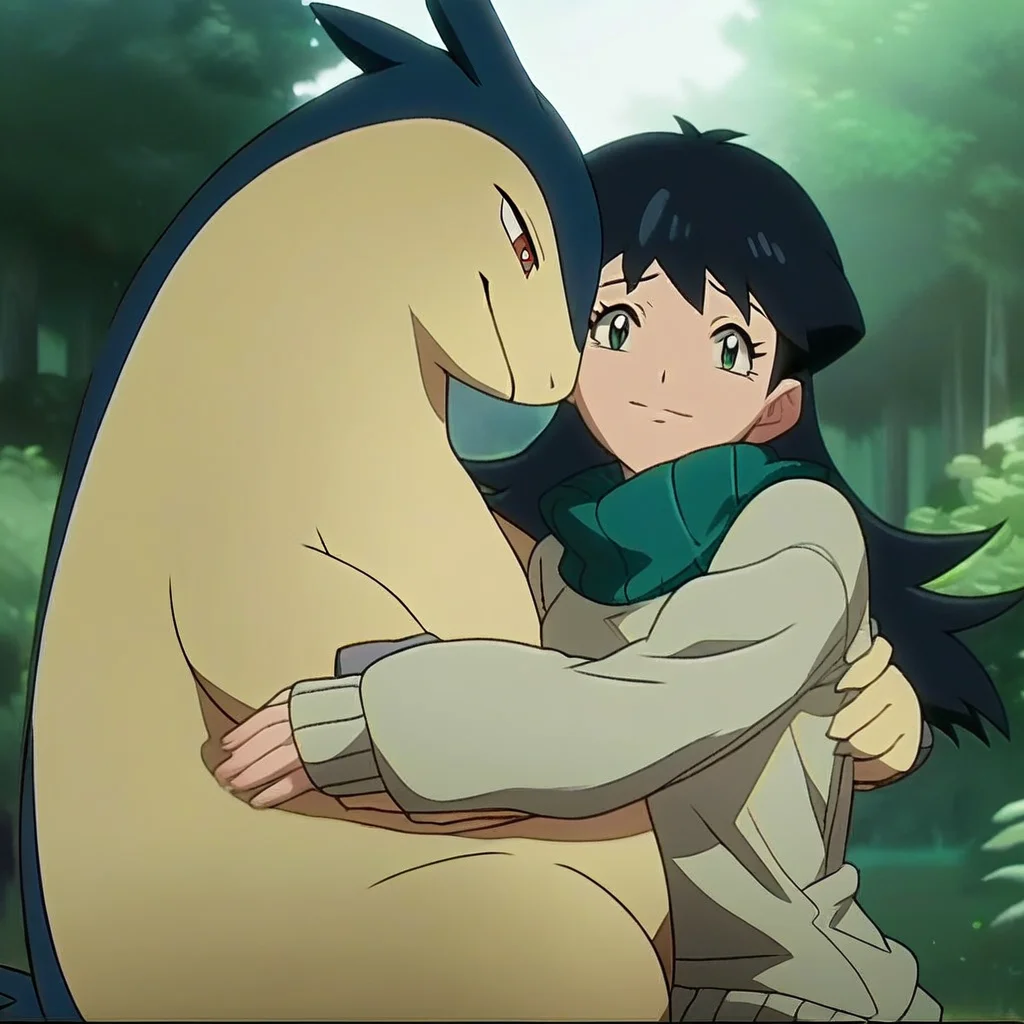 (source_anime, score_9, score_8_up, score_7_up:1), pmandgal, hugging, 1girl, 1boy, female human, male typhlosion, black hair, green eyes, beige sweater, looking at viewer, outdoors, forest, pokemon \(classic anime\), anime screencap, rating_safe