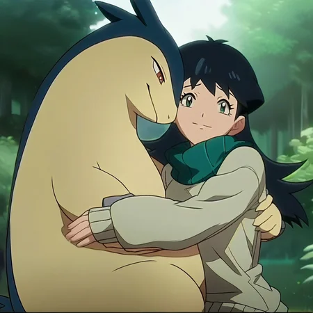 (source_anime, score_9, score_8_up, score_7_up:1), pmandgal, hugging, 1girl, 1boy, female human, male typhlosion, black hair, green eyes, beige sweater, looking at viewer, outdoors, forest, pokemon \(classic anime\), anime screencap, rating_safe
