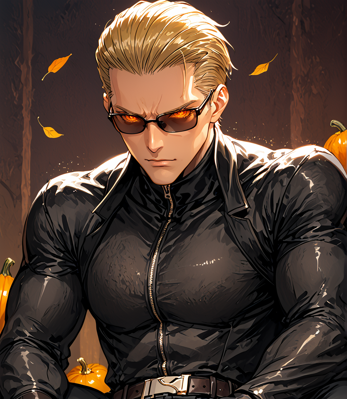 PonyScores7, source_anime, ah1, BREAK <lora:albertwesker-guy-PONYv1:0.8> albertwesker, albert wesker, 1boy, blonde, black gloves, (sunglasses:1.3), belt, black coat, black pants, looking at viewer, toned, athletic, fit, slicked back hair, black turtleneck, zipper, mature male, short hair, black boots, ( <lora:FullWeight_Facesitting_Part_6:0.8> FWF6, sits on face, facesitting), (Squash Specter, Gourd-headed entity haunting the remnants of a long-forgotten autumn festival), (focused, intense glare, apathetic, contemptuous), (reddish orange eyes, slit pupils), (angular face, sharp_featured face), handsome, charming, alluring, BREAK <lora:xl_more_art-full_v1:0.2>, <lora:shinyskin2:0.2> glistening skin, <lora:aesthetic_anime_v1s:0.2>, <lora:Expressive_H:0.2> Expressiveh, <lora:hairdetailpxl:0.2> hairdetailpxl, <lora:EpicF4nta5yXL:0.2>, <lora:detailxl:0.2> detailxl, <lora:Fant5yP0ny:0.2>, best quality, amazing quality, best aesthetic, absurdres, <lora:expressive eyes:0.2> expressive eyes, <lora:eyedetailpxl:0.2> eyedetailpxl, illustration, Volumetric_Lighting, ultra-detailed, very aesthetic, intricate details, 8k, masterpiece, best_quality, BREAK (Low angle view Close shot (focus on head)), BREAK <lora:Eyes_High_Definition:0.3> EyesHD, Stable_Yogis_PDXL_Positives, AS-Adult, <lora:Complicated fantasy portrait - XL Pony V2.0:0.4>, bad-hands-5, AS-MidAged, <lora:natsumi_style:0.5>