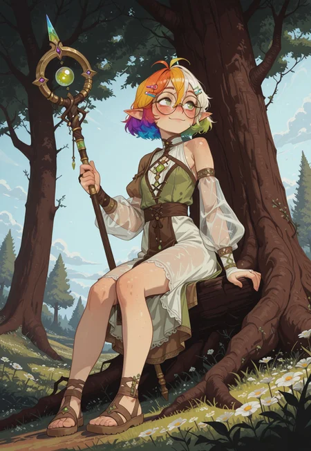 masterpiece, best quality, IllusP0s,
BREAK, 1girl, Mycelia, rainbow colored hair, candy hairclip, round glasses, green eyes, freckles, petite, solo, blush, smile, short hair, long sleeves, hair ornament, dress, hair between eyes, closed mouth, bare shoulders, sitting, full body, flower, outdoors, detached sleeves, sleeveless, pointy ears, puffy sleeves, tree, looking to the side, see-through, sleeveless dress, brown footwear, sandals, white flower, antenna hair, elf, polearm, staff, puffy long sleeves, bridal gauntlets, single bare shoulder, see-through sleeves,
BREAK,
dynamic angle,  cinematic, ICJournals, blocky, painterly, artist:moriimee, in the style of cksc, possmach, G0thicL1nes