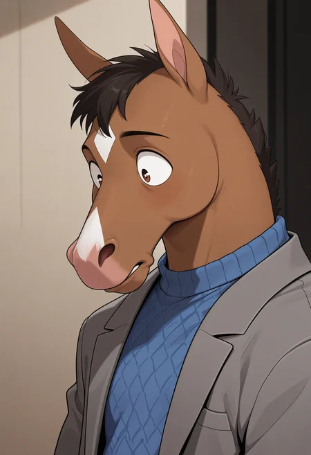masterpiece, best quality, amazing quality, solo, 1boy, BojackHM, blue sweater, grey jacket, close-up