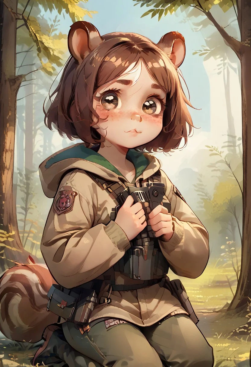 score_9, score_8_up, score_7_up, score_6_up, (squirrel girl, freckles, freckled girl, adorable, round face, cutest girl in the world, pale skin, brown hair, bob haircut, freckles, natural skin, :3, short:1.8, short legs), solo, brown eyes, outdoors, forest,  sky, tactical clothes, olive shirt, cargo pants, kneeling, holding combat knife, long sleeves, hooded jacket, pale skin, trees, grass, leaves,  blushing, focused