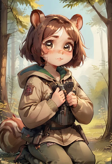 score_9, score_8_up, score_7_up, score_6_up, (squirrel girl, freckles, freckled girl, adorable, round face, cutest girl in the world, pale skin, brown hair, bob haircut, freckles, natural skin, :3, short:1.8, short legs), solo, brown eyes, outdoors, forest,  sky, tactical clothes, olive shirt, cargo pants, kneeling, holding combat knife, long sleeves, hooded jacket, pale skin, trees, grass, leaves,  blushing, focused