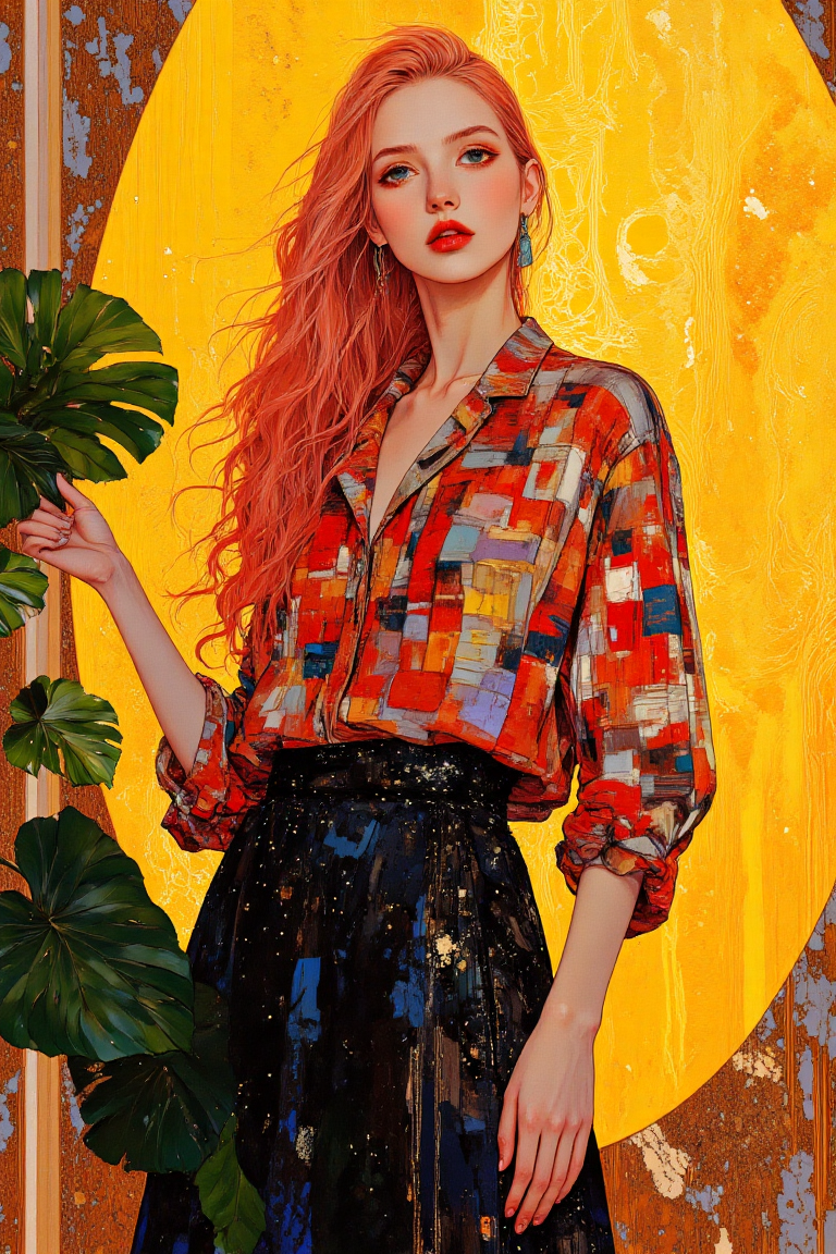 An avant garde fashion still portraying a young woman with a magnetic presence, featuring sleek, vibrant pink hair styled into a high ponytail. Her fair skin complements a strong angular jawline, and her bold red lips add intensity to her expression. She wears a semi-transparent red and black plaid button-up shirt, unbuttoned to reveal a subtle hint of cleavage, paired with a voluminous, dark textured skirt flowing gracefully to her ankles. The ensemble exudes modern elegance, enriched with intricate textures and a hint of allure. She stands poised against a vibrant yellow textured backdrop illuminated by a large circular light source, casting deep, dramatic shadows that infuse the scene with warmth and dynamism. Her left hand rests delicately on a glossy green monstera plant, its oversized leaves blending into the play of light and shadow, grounding the composition with natural vibrancy. This captivating piece merges realism with surrealism, weaving bold colors, striking contrasts, and avant-garde fashion into a dreamlike yet modern visual masterpiece. (anime:1.2, cyberpunk:1.2, DB4RZ:1.3, DB4RZ style painting:1.3, in the style of cksc:1.1, Nova-70s:1.2, Nova-80s:1.2, 0r1t1s:1.2)