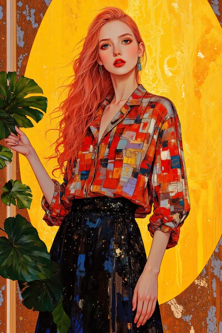 An avant garde fashion still portraying a young woman with a magnetic presence, featuring sleek, vibrant pink hair styled into a high ponytail. Her fair skin complements a strong angular jawline, and her bold red lips add intensity to her expression. She wears a semi-transparent red and black plaid button-up shirt, unbuttoned to reveal a subtle hint of cleavage, paired with a voluminous, dark textured skirt flowing gracefully to her ankles. The ensemble exudes modern elegance, enriched with intricate textures and a hint of allure. She stands poised against a vibrant yellow textured backdrop illuminated by a large circular light source, casting deep, dramatic shadows that infuse the scene with warmth and dynamism. Her left hand rests delicately on a glossy green monstera plant, its oversized leaves blending into the play of light and shadow, grounding the composition with natural vibrancy. This captivating piece merges realism with surrealism, weaving bold colors, striking contrasts, and avant-garde fashion into a dreamlike yet modern visual masterpiece. (anime:1.2, cyberpunk:1.2, DB4RZ:1.3, DB4RZ style painting:1.3, in the style of cksc:1.1, Nova-70s:1.2, Nova-80s:1.2, 0r1t1s:1.2)