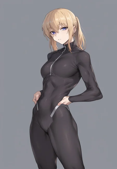 score_9, score_7_up, source_anime BREAK 1girl, standing, cowboy shot, simple background, ponytail, blonde hair, blue eyes, toned, turtleneck bodysuit, leggings, looking at viewer