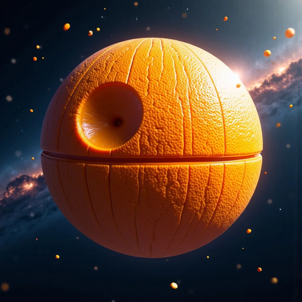 A surreal and whimsical depiction of the iconic Death Star, reimagined entirely from textured orange peel, floating ominously in the vastness of space. The structure maintains its recognizable spherical form, with the trench lines and massive concave superlaser dish seamlessly integrated into the organic, dimpled surface of citrus rind. The peel's natural imperfections—subtle pores, curled edges, and occasional fibrous strands—add an uncanny realism to this cosmic fruit construct. Deep grooves and carefully arranged segments replicate the Death Star’s mechanical paneling, yet remain entirely organic, as if carved from a colossal celestial orange. Tiny fragments of zest drift away like asteroids, evoking the crumbling remnants of an otherworldly fruit. The backdrop is a sprawling cosmic expanse, peppered with distant stars and nebulae, their cool blues and purples contrasting sharply with the warm, sunlit vibrance of the Death Star’s tangerine-hued surface. The lighting casts soft, radiant highlights across the peel, emphasizing its slightly glossy, uneven texture while deepening the shadows within its iconic architectural details. The overall composition blends humor, surrealism, and epic sci-fi grandeur, transforming an intergalactic superweapon into a colossal, spacefaring citrus marvel.