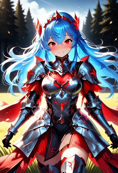 masterpiece, best quality, amazing quality, in field, valeria_warfield, blue hair, red eyes, armored dress,