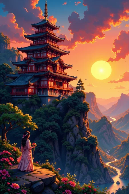 an oriental mansion beautiful anime landscape, sunset, woman, very intricate, very detailed, sharp, bright, colorful, <lora:Hand v2:0.5> <lora:Anti-Blur:1><lora:Insane Detail Slider:0.25> <lora:flux.1_lora_flyway_Epic-detail_v2:0.3> <lora:fluxenhancer:0.25> <lora:ROWER:0.6> <lora:Niji Anime Stan Katayama:0.8> Niji Stan Katayama Style