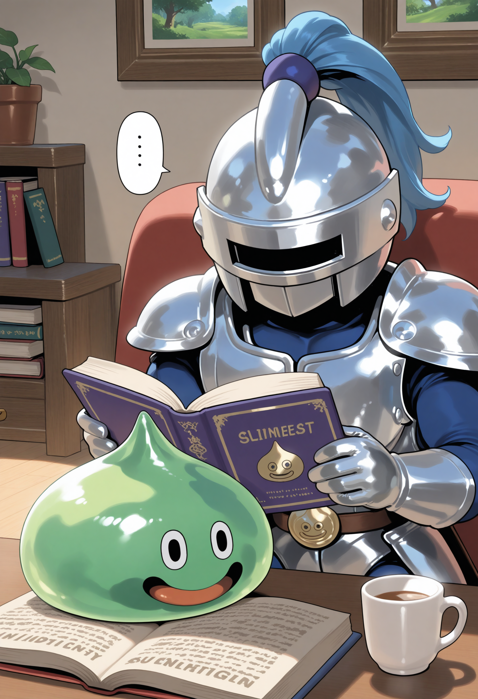 masterpiece,best quality,indoor,living room,table BREAK slime knight,slime_(dragon_quest),armor,helmet,knight,green skin,<lora:slime knight-NAIvPred:0.9>,book,reading,cup,spoken ellipsis,