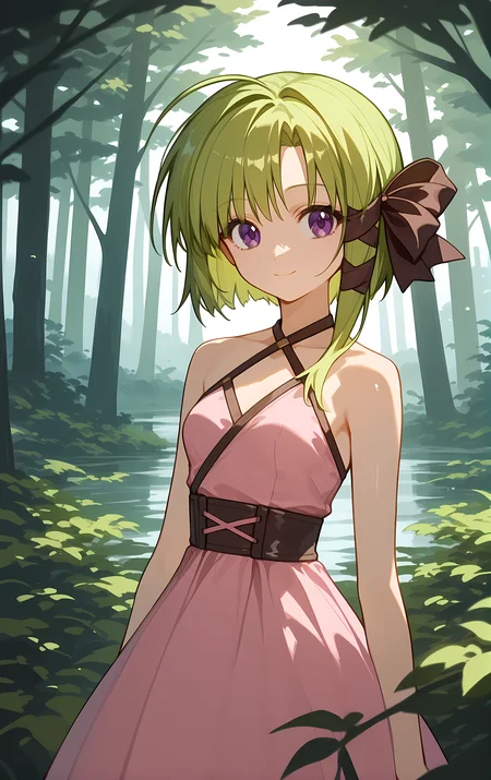 (score_9,score_8_up,score_7_up), light smile, shiny skin, ohwx, 1girl, solo, green_hair, short_hair, purple_eyes, hair_ribbon, ribbon, short_hair_with_long_locks, tress_ribbon, bow, ahoge, small_breasts, very_long_hair, asymmetrical_hair, long_hair,dress, pink_dress, halterneck, bare_shoulders, sleeveless, forest,<lora:asa_shigure_pony_sobsynapse-000005:1>