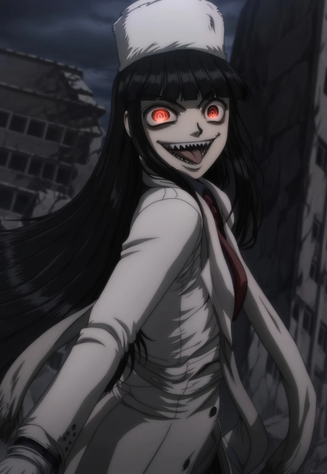 anime, masterpiece, best quality, <break> solo, 1girl, girlycardXL11, red eyes, black hair, long hair, blunt bangs, fur hat,scarf, blue shirt, red necktie, white jacket, white coat, white gloves, sharp teeth, crazy smile, open mouth, tongue out, looking back, glowing eyes, outdoors, night, ruins
<segment:yolo-Anzhc Face seg 640 v2 y8n.pt,0.4,0.5//cid=1>