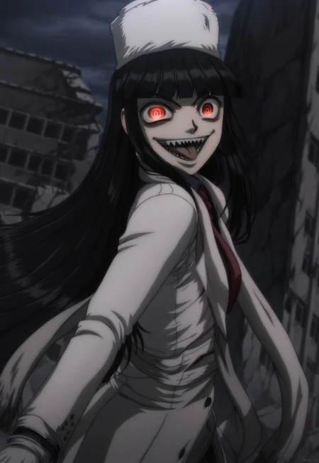 anime, masterpiece, best quality, <break> solo, 1girl, girlycardXL11, red eyes, black hair, long hair, blunt bangs, fur hat,scarf, blue shirt, red necktie, white jacket, white coat, white gloves, sharp teeth, crazy smile, open mouth, tongue out, looking back, glowing eyes, outdoors, night, ruins
<segment:yolo-Anzhc Face seg 640 v2 y8n.pt,0.4,0.5//cid=1>