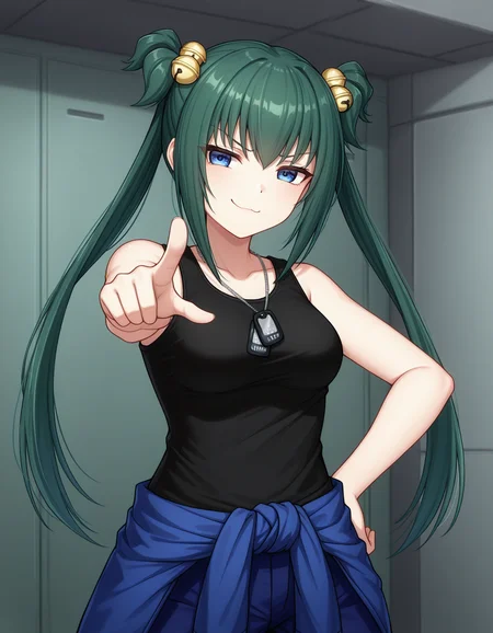 1girl, solo, cui yifei, green hair, long twintails, hair ornament, jingle bell, blue eyes, smug, medium breasts, black tank top, blue shirt around waist, blue pants, dog tag, pointing, hand on hip, standing, (three quarter view:1.5), military base, indoors, low light <lora:cui_yifei_ilxl_v1:0.7>
