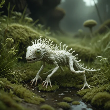 white PXDlichenmutant, creeping among green grass, amazing nature, top lighting, analog photo, detailed 4k, creepy creature, moss, stream, water, golden,