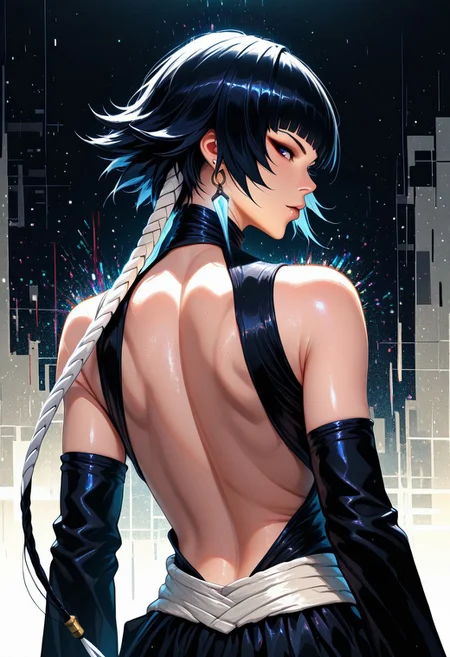 highres, very detailed, amazing quality, masterpiece, createconcept, DS-Illu, 
very aesthetic,
digital painting \(artwork\), glitch art, artwork, glitter, particle effect,
1girl, sui-feng, mature female, upper body, from behind, looking at viewer, backless outfit,