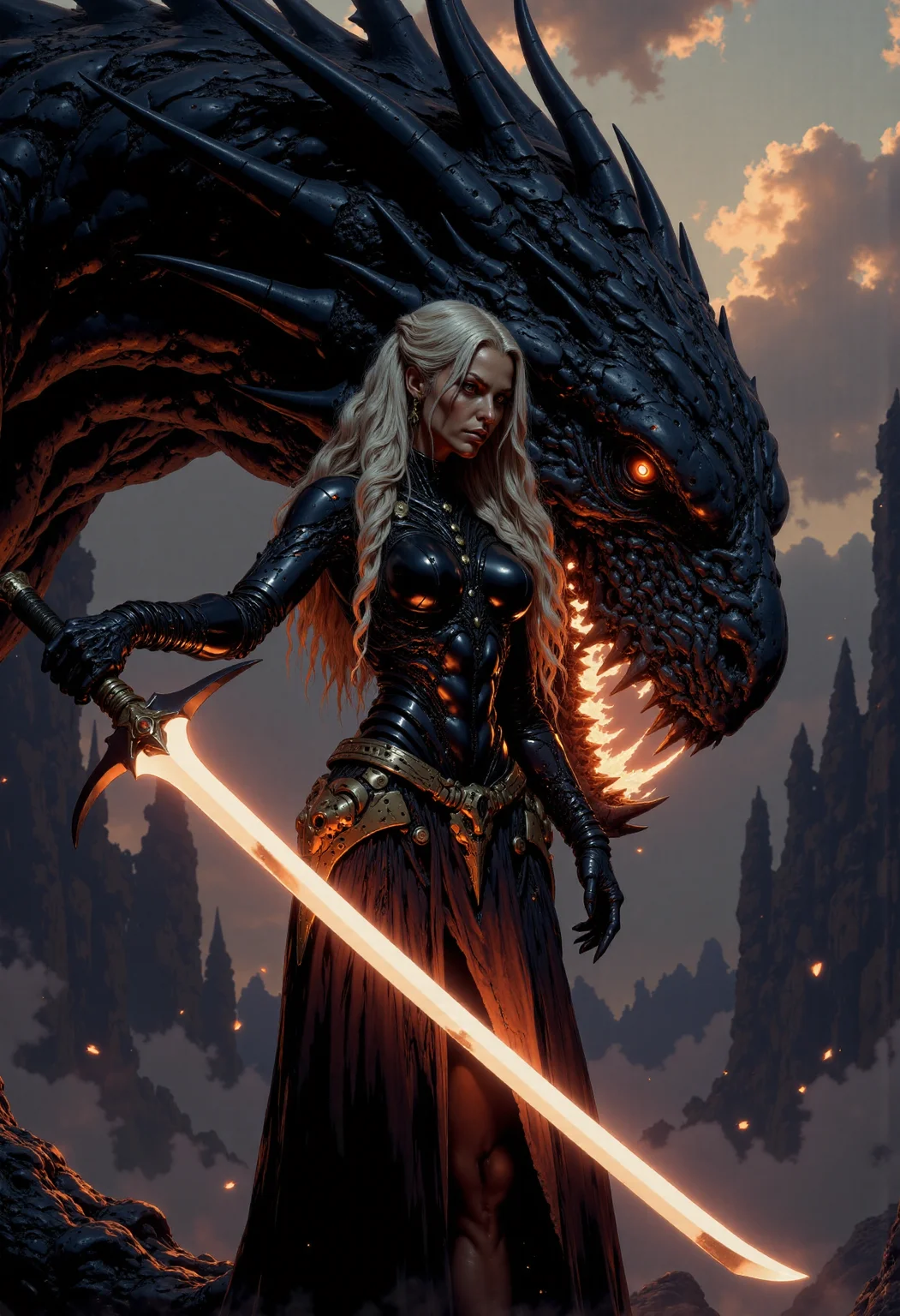 in the style of artics, highest details, ultra hyper realism. highly detailed and realistic. intricate and highly professional artwork, an absolute masterpiece.
hyper realistic and highly detailed, highly dynamic cinematic close up shot, an alluring young woman holding an extremely long red glowing sword and standing next to a dragon with a colossal shark and dragon mixture head exhaling blazing fire, dark fantasy art, dark, high-contrast concept art, UHD, Jormungandr, oil painting DnD, Dungeons and Dragons card art, portrait DnD, dark ocean blue and ruby red tint.
<lora:artics_epoch_15:1> in the style of artics