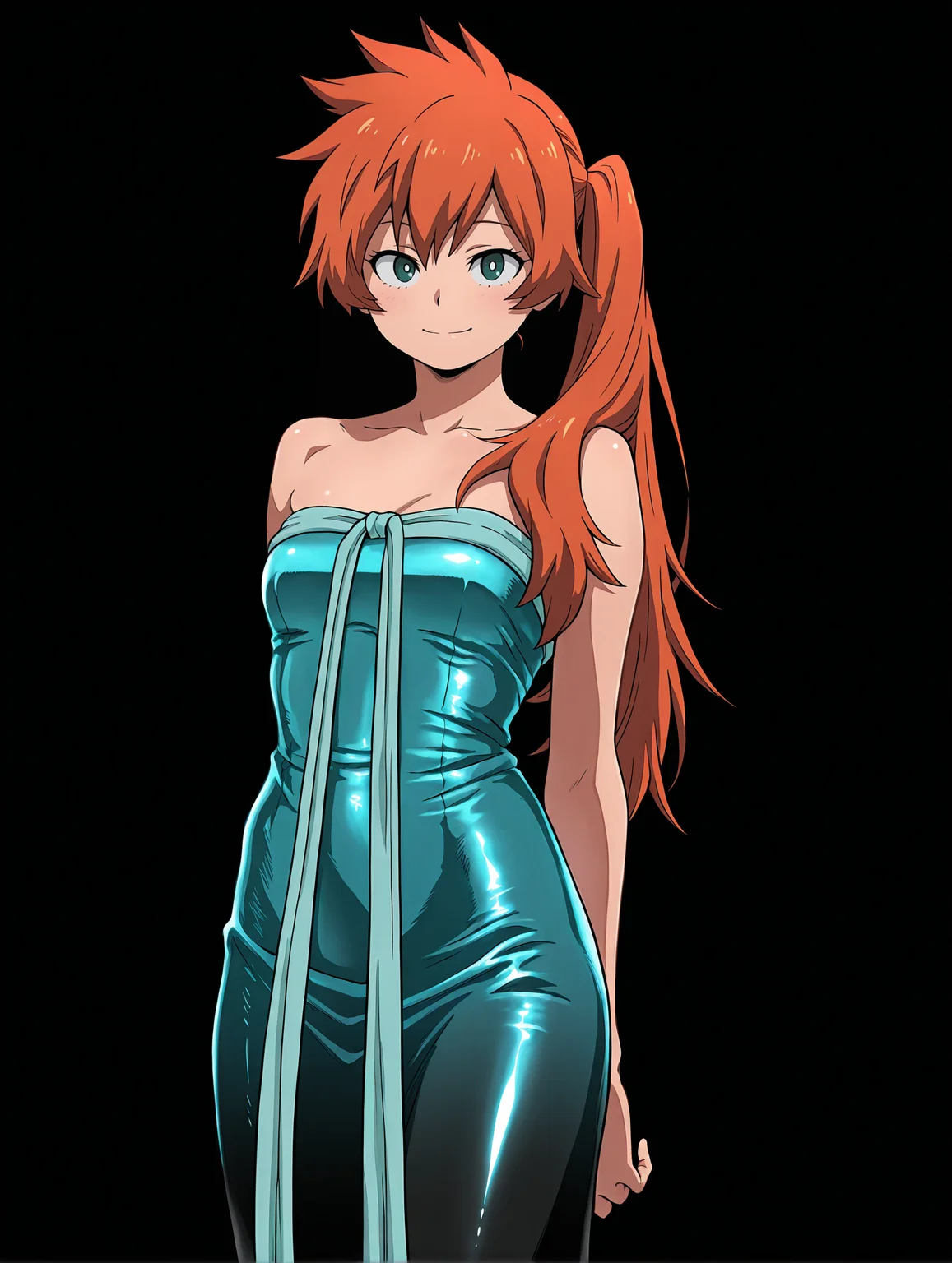 <lora:Kendo Illu:1>
1girl, solo,
kend0, long hair, orange hair, side ponytail, green eyes,
kendocont3st, aqua dress, shiny dress, long dress, gradient dress, strapless dress, chest ribbon, long ribbon,
cowboy shot, smile, looking at viewer, masterpiece, best quality, amazing quality,, simple background, black background