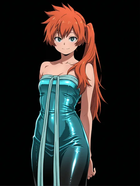 <lora:Kendo Illu:1>
1girl, solo,
kend0, long hair, orange hair, side ponytail, green eyes,
kendocont3st, aqua dress, shiny dress, long dress, gradient dress, strapless dress, chest ribbon, long ribbon,
cowboy shot, smile, looking at viewer, masterpiece, best quality, amazing quality,, simple background, black background