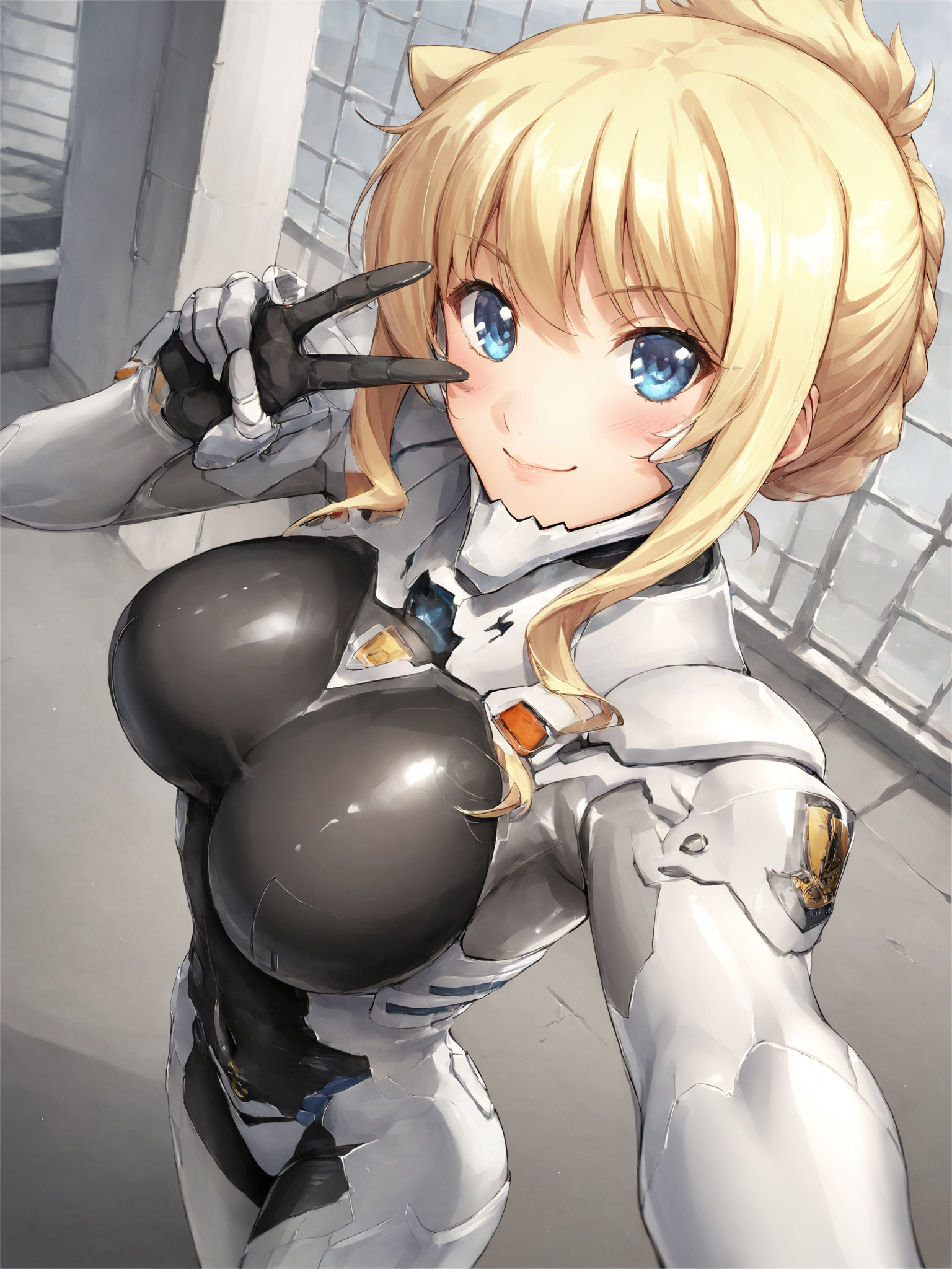 score_9, score_8_up, score_7_up, zPDXL, zPDXLpg, <lora:offset_0.2:0.1>, <lora:spo_sdxl_10ep_4k-data_lora_webui:1>,
1girl, solo,
germanfortifiedsuit, <lora:German_Fortified_Suit_v2:1>,
ilfriede von feulner, blonde hair, blue eyes, folded ponytail, single hair bun, sidelocks, large breasts,
smile, blush, looking at viewer, selfie, v, peace sign, reaching towards viewer, hand out of frame, from above, dutch angle,
outdoors, city, street