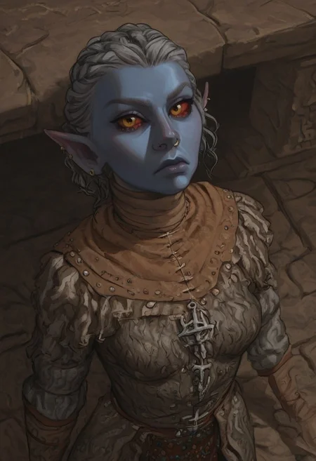 safe_pos, solo, short pointy ears, piercings, random elf face, aquiline features, female dark elf, brow rings, nose rings, beaded piercings, weathered skin, large nose, insect chitin armor, insect chitin helmet, insect chitin ornaments, stylized insect pattern, athletic build, animated realism, zoomed out, Syrian features, torso, brass pipes and gears, intricate architecture, dwarven masonry, dwemer fixtures, white-green light, gloomy lighting, ancient ruins, interior, stone tiled floor, grey-blue skin, mahogany and ivory clothes, medium armor, bone plate armor, ivory straps and fittings, alien bone ornaments, grey wood neckguard, red sclera, black pupils, blue-green light, neon, highly detailed, defined features, looking at viewer, three quarters view, from above, dynamic lighting, 19 years old, light and shadows, patterned cloth, annoyed expression, expressive eyes, detailed medieval clothes, medium_breasts, short hair, wavy hair, thick hair, beaded hair, braided hair, under cut hair, semirealistic, alien elf, spanish features, jewish features, white grey hair, dark red hair, umber skin, sharp features, pastel green inuit print cloak, nighttime, high detail, absurdres, pretty eyes, detailed eyes, yellow eyes,