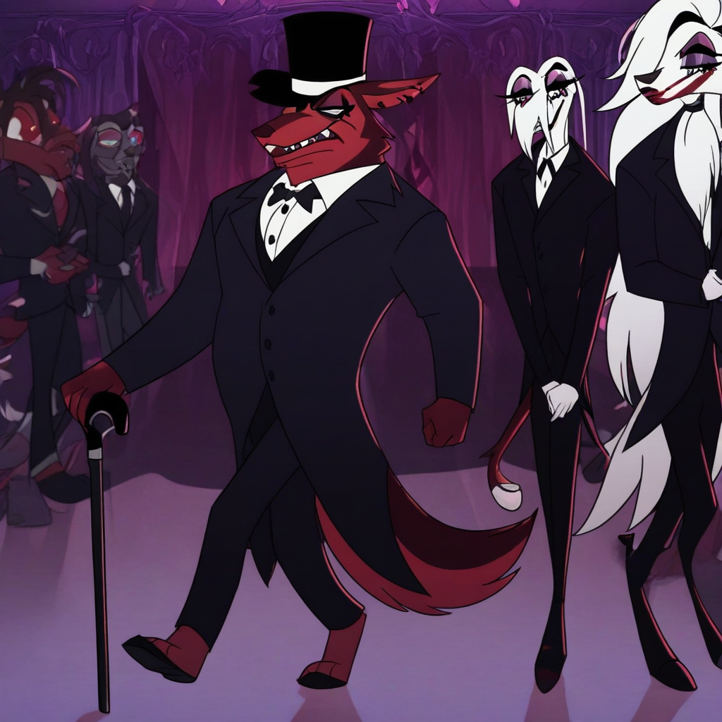 masterpiece, best quality, newest, absurdres, highres, anime, anime style, HB-Style-V1.0, official style,  1boy, HH-HBV1.0, furry male, goth, goth boy, top hat, monoclke, gentelman, walking cane, coat, suit, official attire, makeup, red fur, white hair, long hair, eyehsadow, classy, elegant,