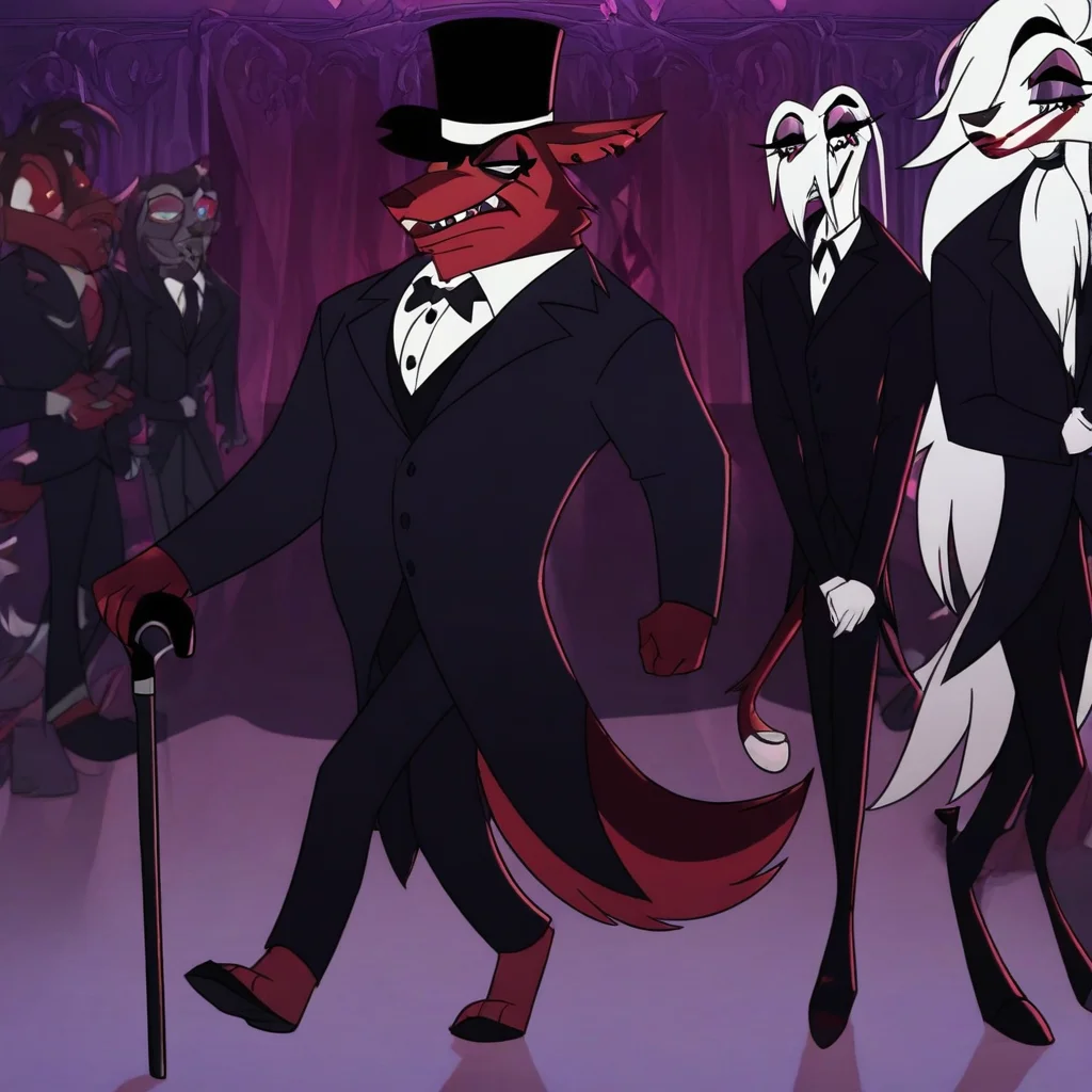 masterpiece, best quality, newest, absurdres, highres, anime, anime style, HB-Style-V1.0, official style, 1boy, HH-HBV1.0, furry male, goth, goth boy, top hat, monoclke, gentelman, walking cane, coat, suit, official attire, makeup, red fur, white hair, long hair, eyehsadow, classy, elegant,
