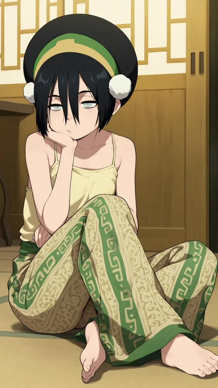 masterpiece,best quality,amazing quality, absurdres, solo, 1girl, <lora:WaiToph:0.9> illutoph, black hair, hair between eyes, blind, grey eyes, <lora:printed_flare_pants_ilxl_goofy:1> printed flare pants, indoors, barefoot, sitting, crossed legs, bored, camisole, on floor, east asian architecture, knee up, hairband,