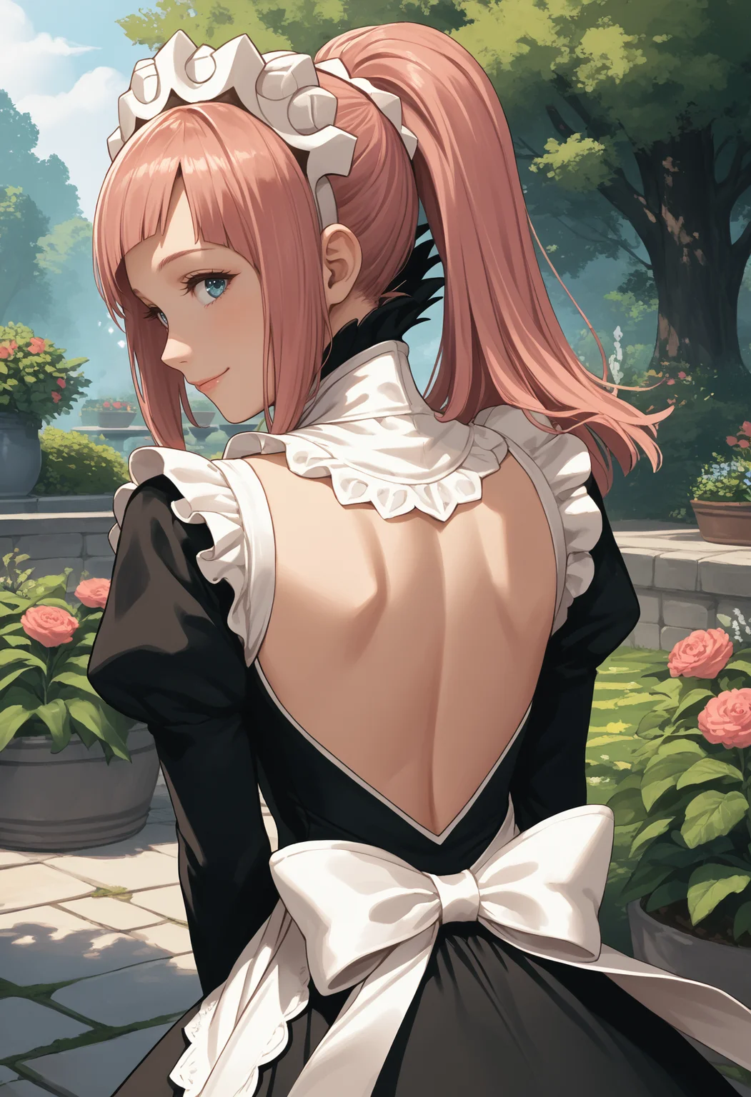 score_9, score_8_up, score_7_up, source_anime BREAK 1girl, solo, <lora:felicia-fe-richy-v2_pdxl:1> flcdf, blue eyes, pink hair, long hair, ponytail, maid headdress, black feathered collar, maid, juliet sleeves, maid apron, from behind, back bow, bow, ribbon, looking back, looking at viewer, smile, head tilt, back, backless outfit, outdoors, garden, fantasy, beautiful, sunlight, sunbeam,