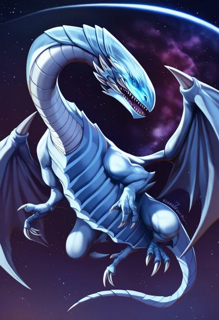 score_9_up, score_8_up, score_7_up, absurdres, masterpiece, best quality BREAK blue-eyes white dragon, dragon, giant dragon, chrome metal scales, metallic scales, realistic metal scales, scaly body, polished scales, reflective metal scales, segmented body, claws, wings, dragon wings, blueeyes, (glowing blue eyes), (cosmic background with beautiful celestial light)