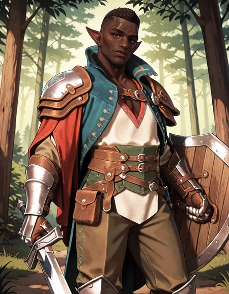 masterpiece, best quality, absurdres, newest, perfect quality, best quality, absolutely eye-catching, detailed background, intricate details, realistic, male focus, <lora:Dragon Age Veilguard - Davrin - Illustrious-000009:0.7>, dav_davrin, 1boy, mature male, elf, pointy ears, very dark skin, curly hair, buzz cut, dark brown eyes, facial tattoo, white shirt, v-neck, pants, coat, side cape, gauntlets, single pauldron, armored boots, contrapposto, looking at viewer, outdoors, forest, holding sword, holding shield, head tilt, fighting stance