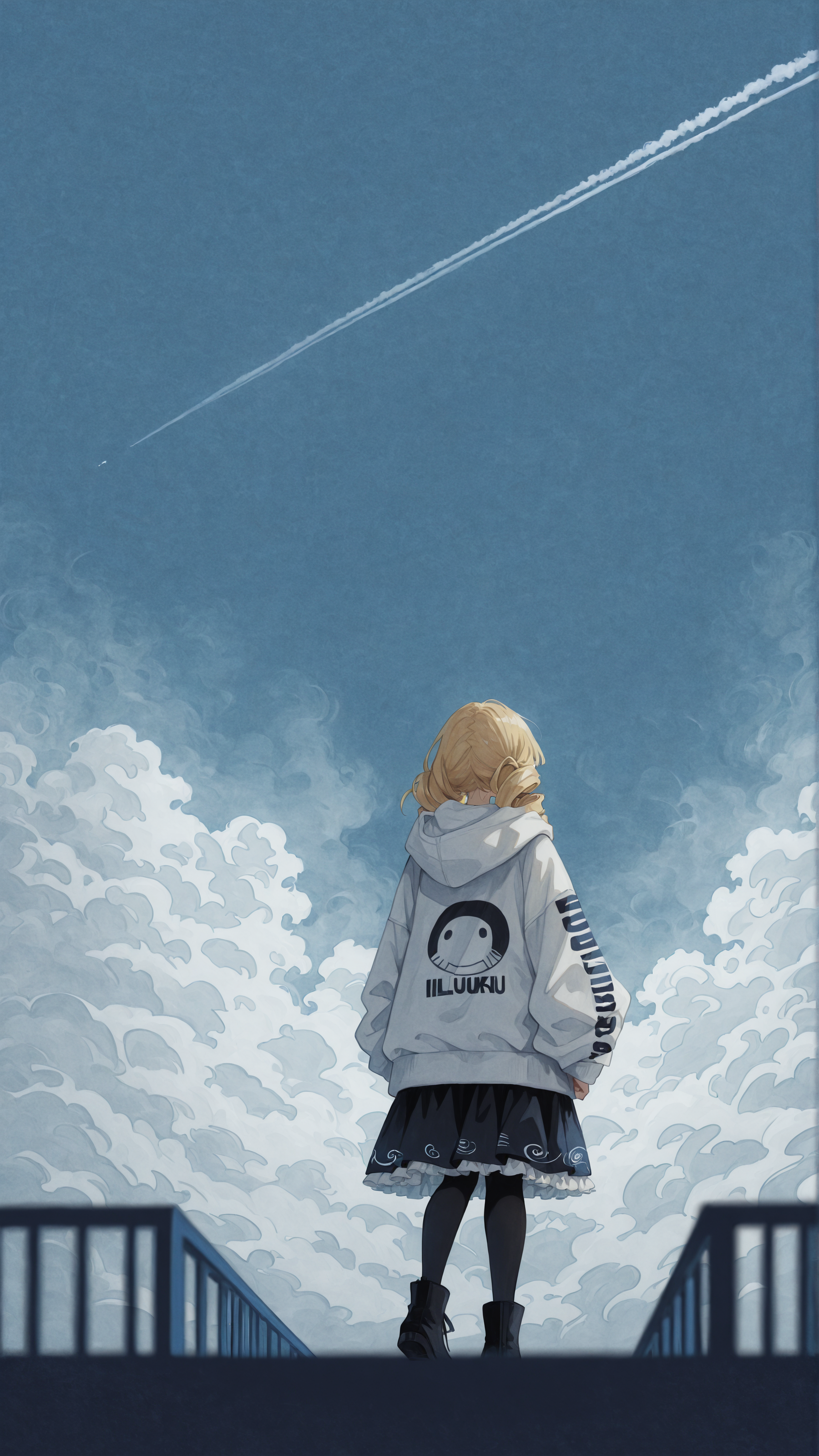 amazing quality, absurdres, newest, best quality, blurry foreground, volumetric lighting, minimalism, blue background, fog, contrail, 
1 woman,oversized hoodie, white hoodie, frilly skirt, blonde, drills, boozer print, happy, 
  <lora:rusetsuksr_style:0.8> rusetsuksr_illu, painting (medium) <lora:wamiarts_style:0.9> wamiarts_illu