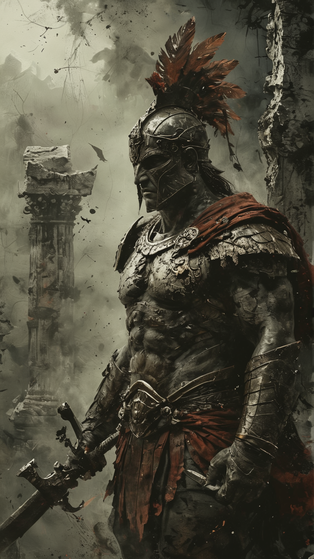 Create a dark fantasy depiction of an ancient Greek warrior. The warrior should have a muscular build and be clad in weathered bronze armor adorned with intricate engravings and battle scars. He wears a Corinthian helmet with a plume of dark feathers. His eyes glow with an otherworldly light, hinting at a mystical power. The background is a dark, stormy battlefield with flashes of lightning illuminating ruined temples and broken statues of gods. Shadows and mist swirl around him, enhancing the eerie and ominous atmosphere. The overall mood is grim and intense, capturing the essence of a mythical hero in a haunting, ancient world.
. black and white but deep red. white background
<lora:add-detail-xl:2> <lora:MJ52:0.5> <lora:ink-style_A3.1_XL:0.66> (ink-style, ink_wash_painting)
