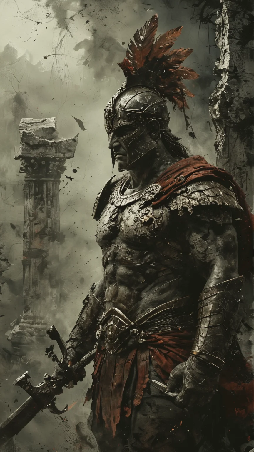 Create a dark fantasy depiction of an ancient Greek warrior. The warrior should have a muscular build and be clad in weathered bronze armor adorned with intricate engravings and battle scars. He wears a Corinthian helmet with a plume of dark feathers. His eyes glow with an otherworldly light, hinting at a mystical power. The background is a dark, stormy battlefield with flashes of lightning illuminating ruined temples and broken statues of gods. Shadows and mist swirl around him, enhancing the eerie and ominous atmosphere. The overall mood is grim and intense, capturing the essence of a mythical hero in a haunting, ancient world.
. black and white but deep red. white background
<lora:add-detail-xl:2> <lora:MJ52:0.5> <lora:ink-style_A3.1_XL:0.66> (ink-style, ink_wash_painting)