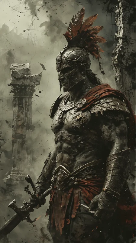Create a dark fantasy depiction of an ancient Greek warrior. The warrior should have a muscular build and be clad in weathered bronze armor adorned with intricate engravings and battle scars. He wears a Corinthian helmet with a plume of dark feathers. His eyes glow with an otherworldly light, hinting at a mystical power. The background is a dark, stormy battlefield with flashes of lightning illuminating ruined temples and broken statues of gods. Shadows and mist swirl around him, enhancing the eerie and ominous atmosphere. The overall mood is grim and intense, capturing the essence of a mythical hero in a haunting, ancient world.
. black and white but deep red. white background
<lora:add-detail-xl:2> <lora:MJ52:0.5> <lora:ink-style_A3.1_XL:0.66> (ink-style, ink_wash_painting)