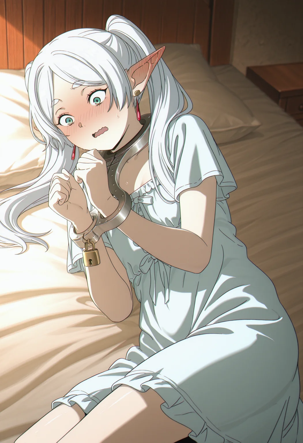 masterpiece, best quality, aesthetic, 1girl, woman, <lora:BondageFiddle_Illustrious:1>, restrained, bondagefiddle, bondage fiddle, pillory, metal plate, anime style, silver bondagefiddle, open mouth, surprised, on bed, summer nightgown, frills, shiny metal, padlock,
<lora:Frieren_Frieren_Beyond_Journeys_End_-_Illustrious_r1:1>, earrings, elf, twintails, lying, (on side:1.1), wavy mouth, blush, angry, white hair