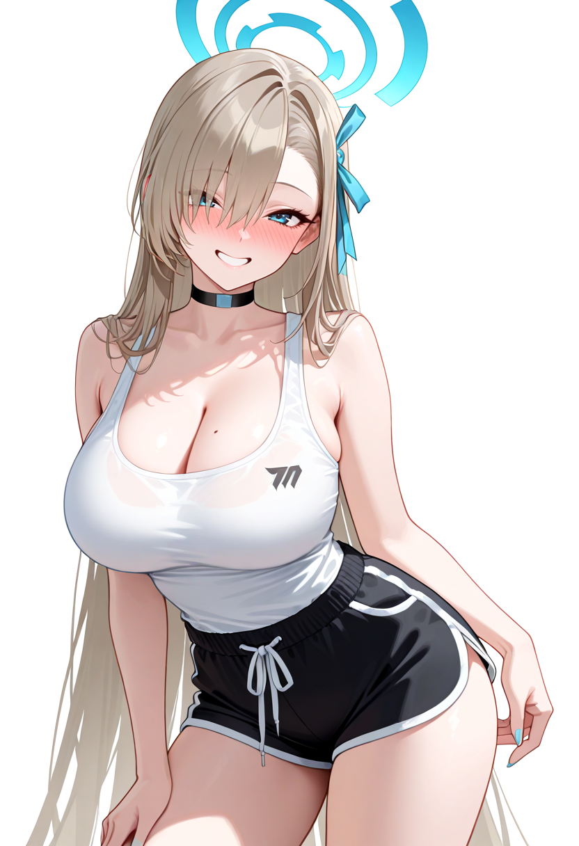 masterpiece, newest, absurdres, best quality, hires, 1girl, asuna ichinose \(blue archive\), white tank top, black dolphin shorts, white background, looking at viewer, nose blush, contrapposto