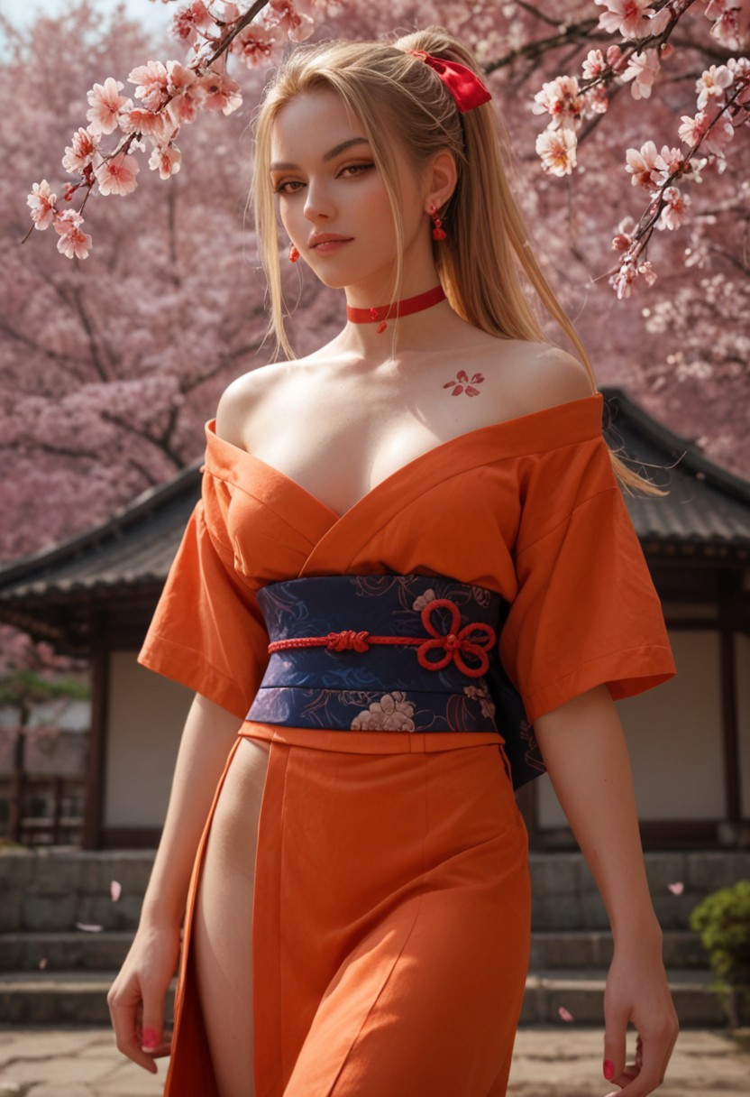 score_9_up, score_8_up, score_7_up, score_6_up, 1girl, 25 years old, perfect face, sexy, (adult),
yellow eyes, orange eyeliner, 
blonde hair, long hair, ponytail, hair between eyes, earrings, stud earrings, red hair ribbon, 
red choker, 
obi, hadanugi dousa, orange kimono, obiage, obijime, sash, short sleeves, single bare shoulder,
chest tattoo, flower tattoo, pink nails, legs, 
cowboy shot, dynamic angle, dynamic pose, 
spring, cherry blossoms,