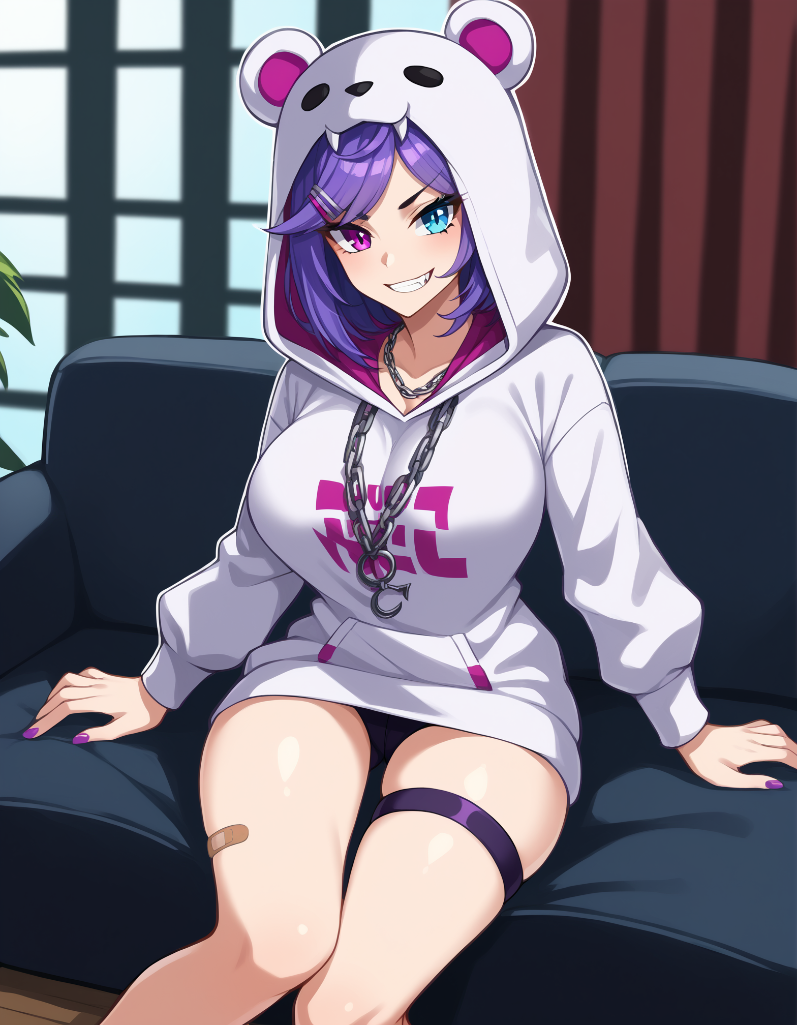 score_9, score_8_up, score_7_up, score_6_up, score_5_up, score_4_up, source_anime, (best quality, ultra detailed, absurdres, masterpiece:1.2), (ai-generated:0.6), color, (white outline:1.3), indoors, couch, on couch, sitting,  <lora:ThaNukiSDXL:1> <lora:selentatsukiPonyXL2:1>
BREAK
selen tatsuki, selen tatsuki \(3rd costume\), 1girl,  breasts, bangs, blue eyes, large breasts, hair ornament, long sleeves, jewelry, purple eyes, purple hair, hairclip, hood, necklace, cosplay, white hoodie,  hoodie, thigh strap, swept bangs, heterochromia, fangs, bandaid, hood up, bandaid on leg, chain necklace, animal hood, bottomless