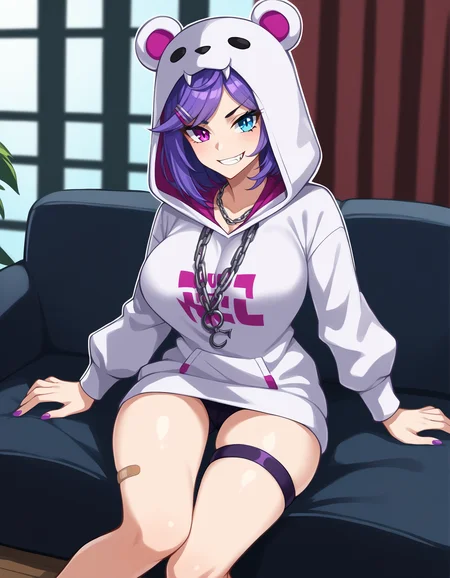 score_9, score_8_up, score_7_up, score_6_up, score_5_up, score_4_up, source_anime, (best quality, ultra detailed, absurdres, masterpiece:1.2), (ai-generated:0.6), color, (white outline:1.3), indoors, couch, on couch, sitting,  <lora:ThaNukiSDXL:1> <lora:selentatsukiPonyXL2:1>
BREAK
selen tatsuki, selen tatsuki \(3rd costume\), 1girl,  breasts, bangs, blue eyes, large breasts, hair ornament, long sleeves, jewelry, purple eyes, purple hair, hairclip, hood, necklace, cosplay, white hoodie,  hoodie, thigh strap, swept bangs, heterochromia, fangs, bandaid, hood up, bandaid on leg, chain necklace, animal hood, bottomless
