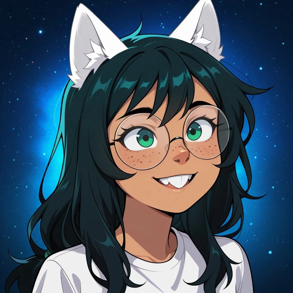 1girl, solo, head only, Jade Harley, (white wolf ears), long hair, black hair, round glasses, green eyes, (buck teeth), cute nose, (headshot), dark skin, freckles, space background, white shirt, smiling, masterpiece, best quality, amazing quality,