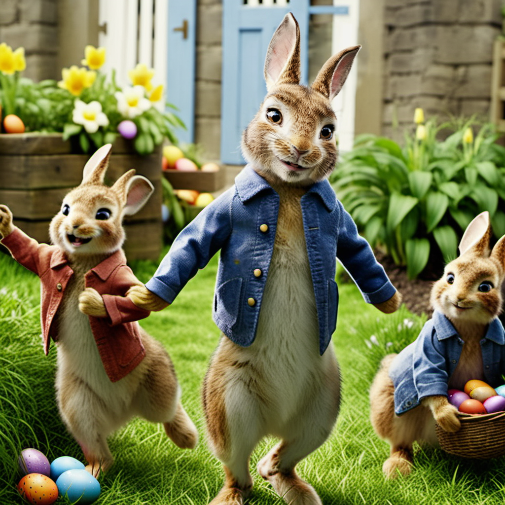 PeterRabbit1024, full body, with +++(screaming children), easter eggs hunt, in a garden , detailed eyes, highly detailed, photography, ultra sharp, film, bokeh, professional, 4k  <lora:add-detail-xl:1.5>  <lora:PeterRabbit1024:0.8>