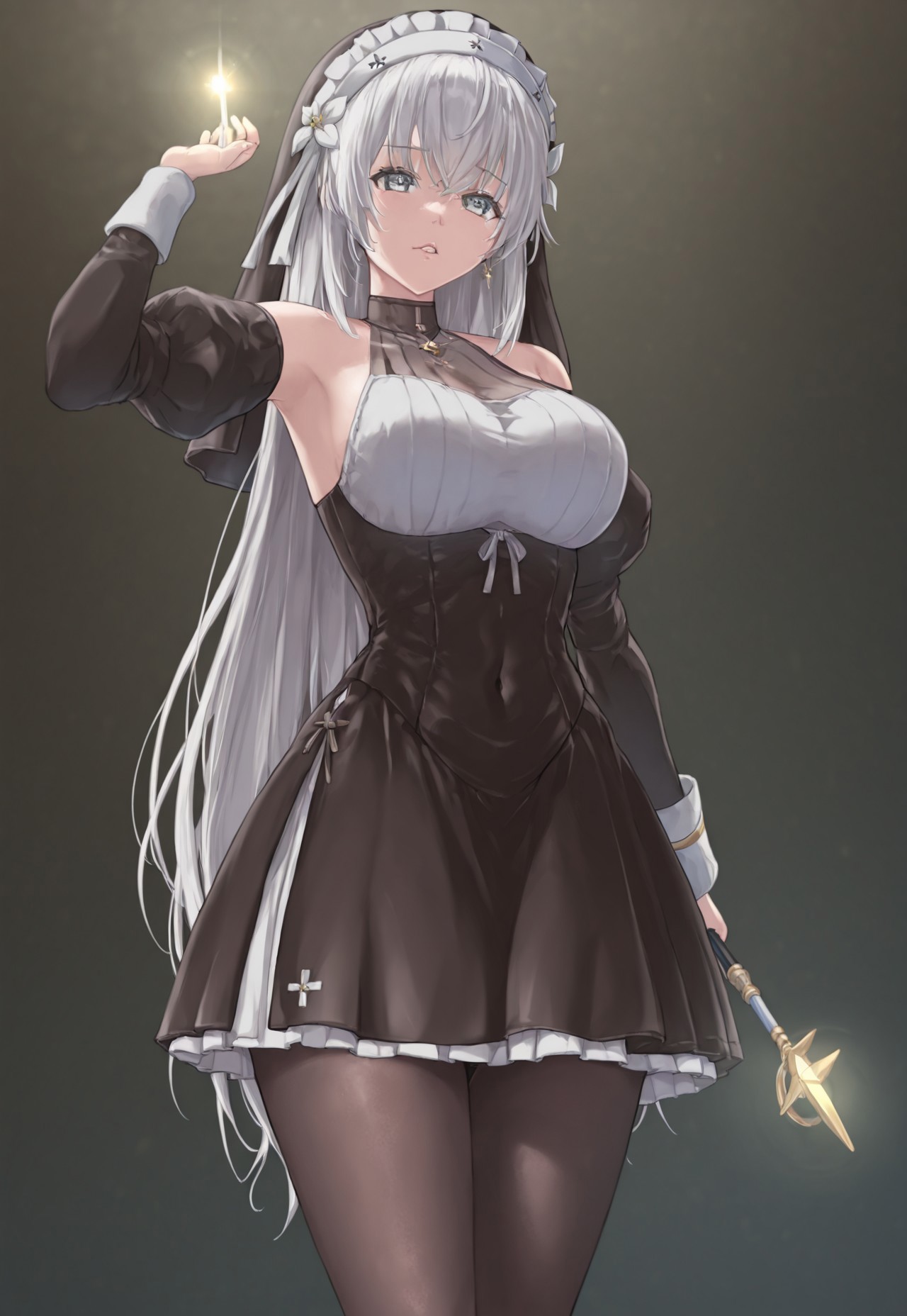 Masterpiece, best quality, ultra-detailed, expressive. anime, anime, anime, 1girl, Lilia, grayish eyes, white hair, medium breasts, large breasts,nun, non-traditional habit, black pantyhose, halterneck, short skirt, battle pose, wand in hand, a light glowing at the tip of the wand