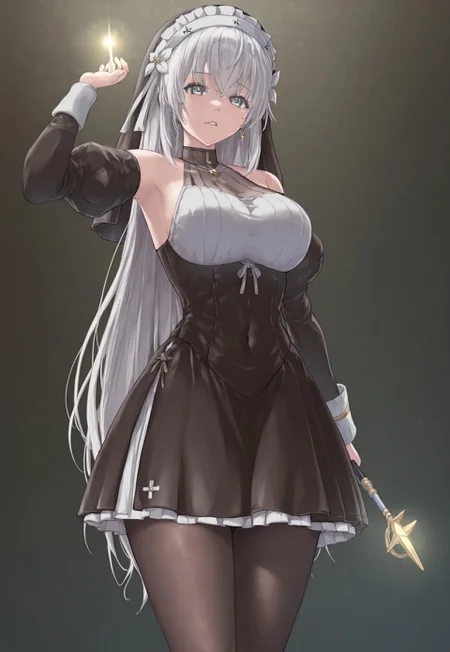 Masterpiece, best quality, ultra-detailed, expressive. anime, anime, anime, 1girl, Lilia, grayish eyes, white hair, medium breasts, large breasts,nun, non-traditional habit, black pantyhose, halterneck, short skirt, battle pose, wand in hand, a light glowing at the tip of the wand