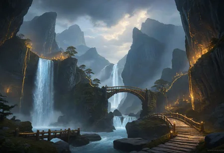 masterpiece, best quality, ultra detailed, professional light, cinematic lighting, ambient lighting, atmospheric effects, epic landscape, high fantasy, waterfall, mountains, cliff, bridge, Kintsugi style path, clouds