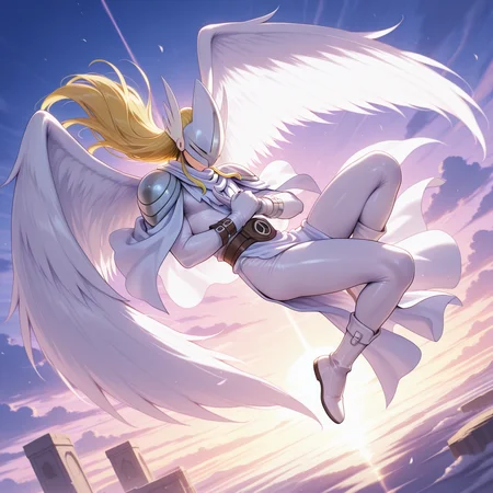 masterpiece, best quality, amazing quality, <lora:lordholyangemon-v2-09:0.8> d-lhangemon, digimon (creature), 1boy, outdoors, white_winged_helmet, tunic, robe, wings, brown belt, shoulder_pads, white_gloves over clothes, dynamic pose, dynamic angle, male focus, right bracelet, (single_white_bracelet, double hand belt, left hand belt), fetal position, from above, bodysuit, full body, long blonde hair,