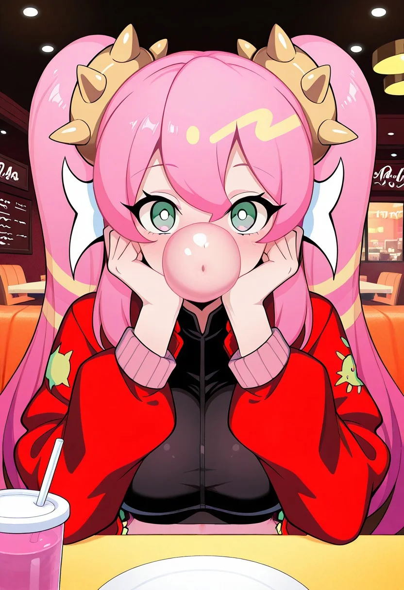 1girl, LiveTwinKi-sikilYu-Gi-Oh, general, solo, pov dating, straight-on, long hair, pink hair, twintails, large breasts, spike, red jacket, open jacket, crop top, dating, sitting, looking at viewer, face in hands, restaurant, table, cup, <lora:kp_LiveTwinKi-sikilLil-laYu-Gi-OhIllustrious_v1_0:1.0>, masterpiece, best quality, amazing quality, (( blowing pink bubblegum )),
