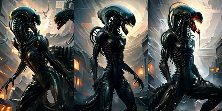 (otherworldly), highly insanely detailed, masterpiece, top quality, best quality, highres, 4k, 8k, RAW photo, (very aesthetic, beautiful and aesthetic),
__lazy-wildcards/cosplay-char/alien-predator/xenomorph/prompts__,
<lora:FemXeno:1>,
(1girl:1.3), eyes focus,
__lazy-wildcards/dataset/background__,âââ